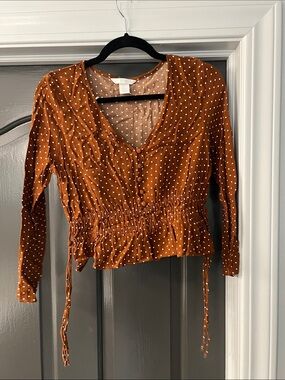 H&M Polka Dot Smocked Peplum V-Neck Blouse - Brown and White, Size 4